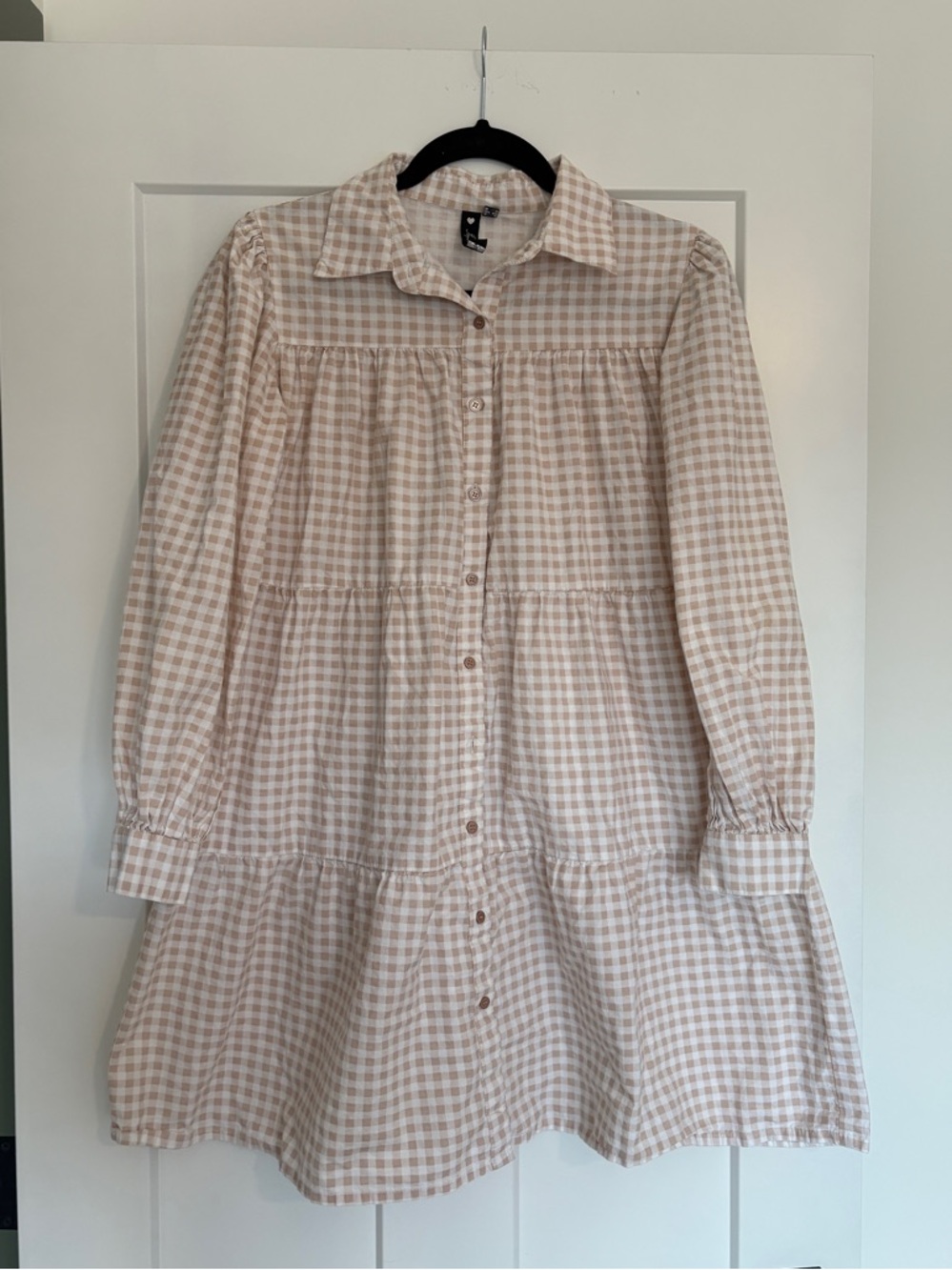 Light Beige Gingham Button-Front Tiered Shirt Dress